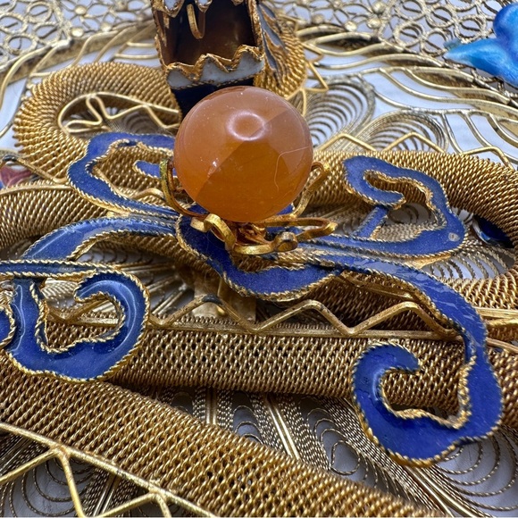 Golden Blue Dragon Wall Piece Chinese cloisonne copper filligre intricate design - Picture 15 of 15